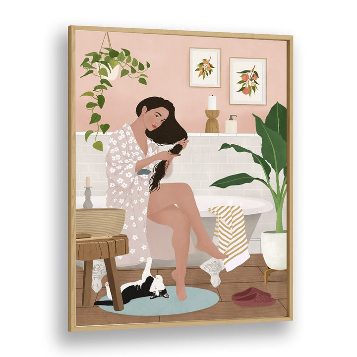 After A Bath by Petra Holikova Women Illustrations paintings in Oak Wood Plain Frame