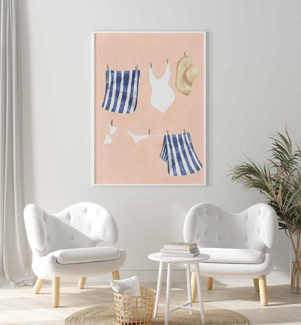 Charming AFTER THE SWIM, KIDS ROOM PAINTINGS featuring swimsuits and towels, perfect for a playful children's space.