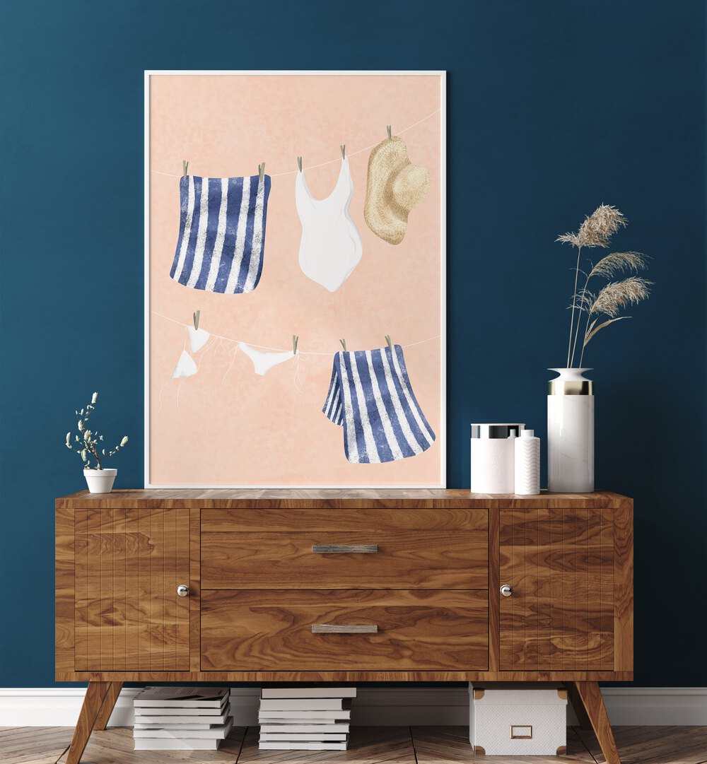 Colorful AFTER THE SWIM, KIDS ROOM PAINTINGS featuring swimsuits and towels, perfect for a playful decor.