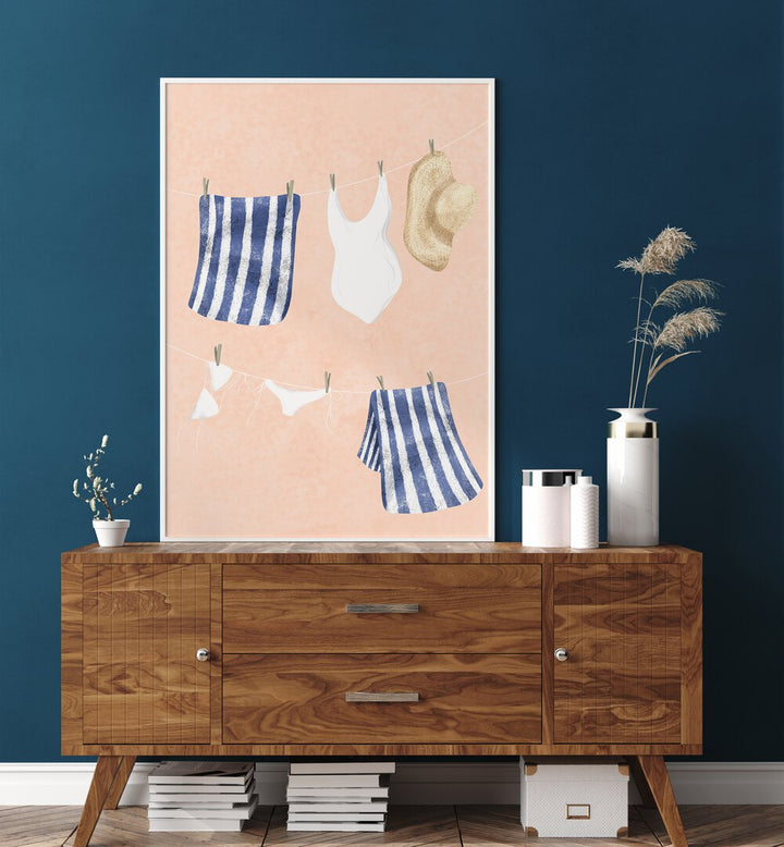 Colorful AFTER THE SWIM, KIDS ROOM PAINTINGS featuring swimsuits and towels, perfect for a playful decor.