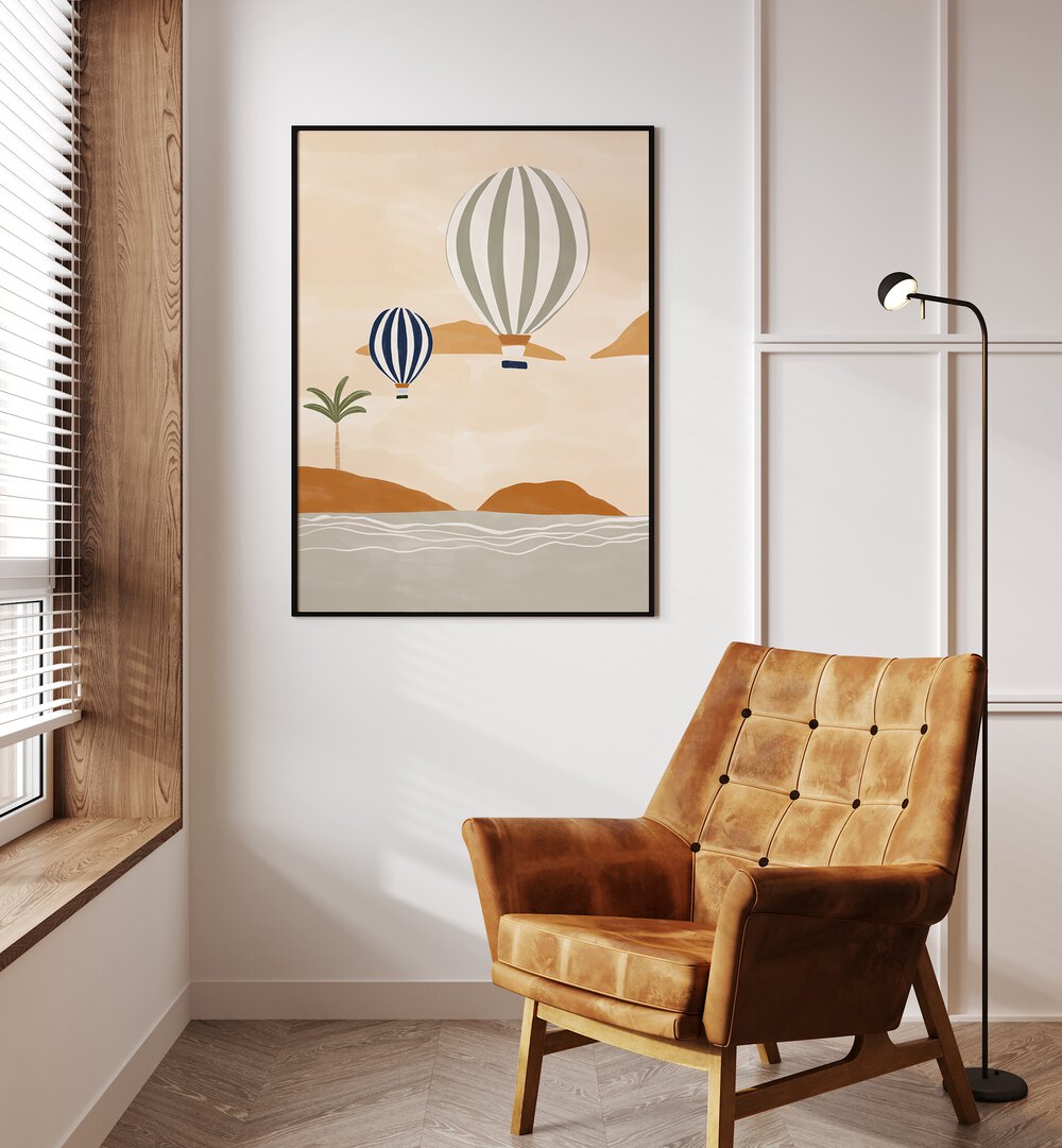 Airballoons In Dessert By Ivy Green Beach Prints in Black Plain Frame on a white wall beside a window