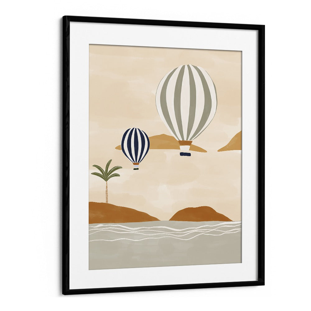 Airballoons In Dessert By Ivy Green Beach Prints in Black Frame With Mount