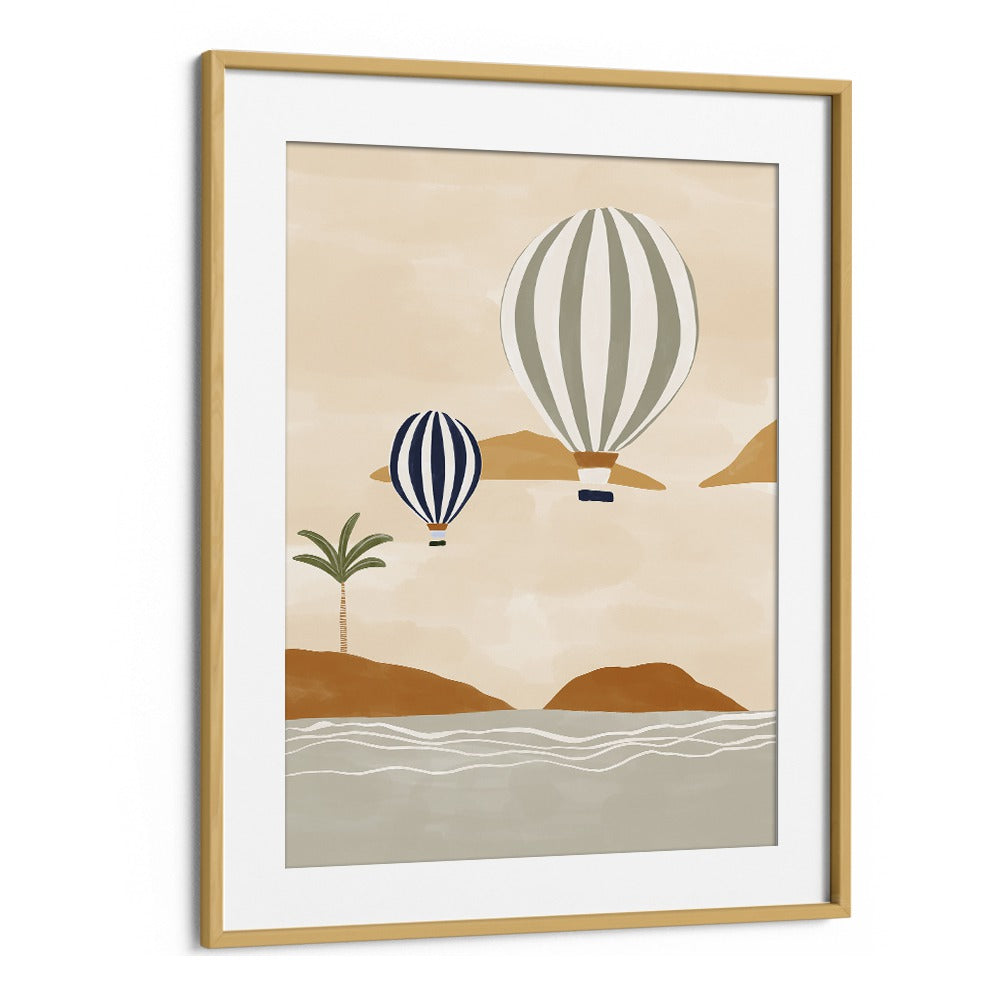 Airballoons In Dessert By Ivy Green Beach Prints in Oak Wood Frame With Mount