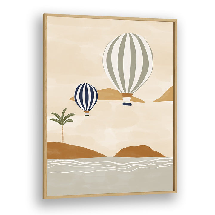 Airballoons In Dessert By Ivy Green Beach Prints in Oak Wood Plain Frame