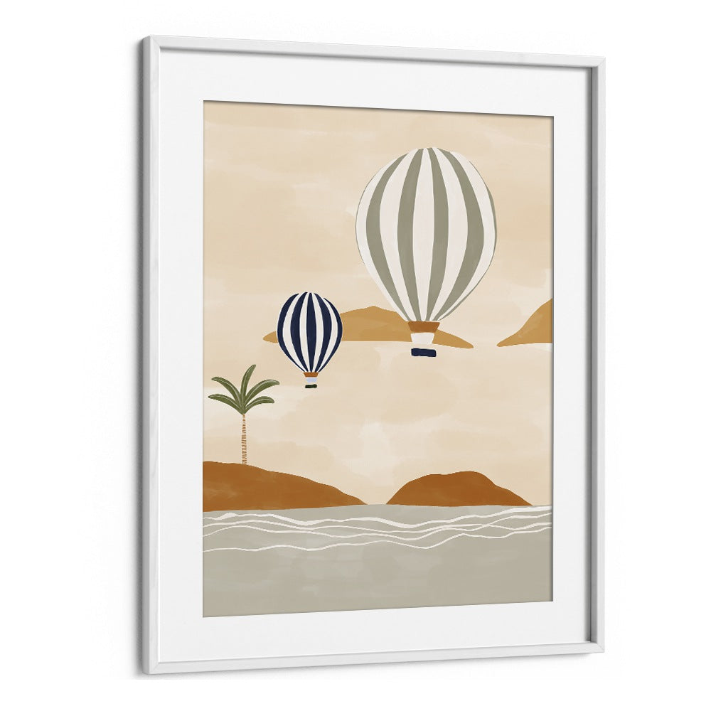 Airballoons In Dessert By Ivy Green Beach Prints in White Frame With Mount