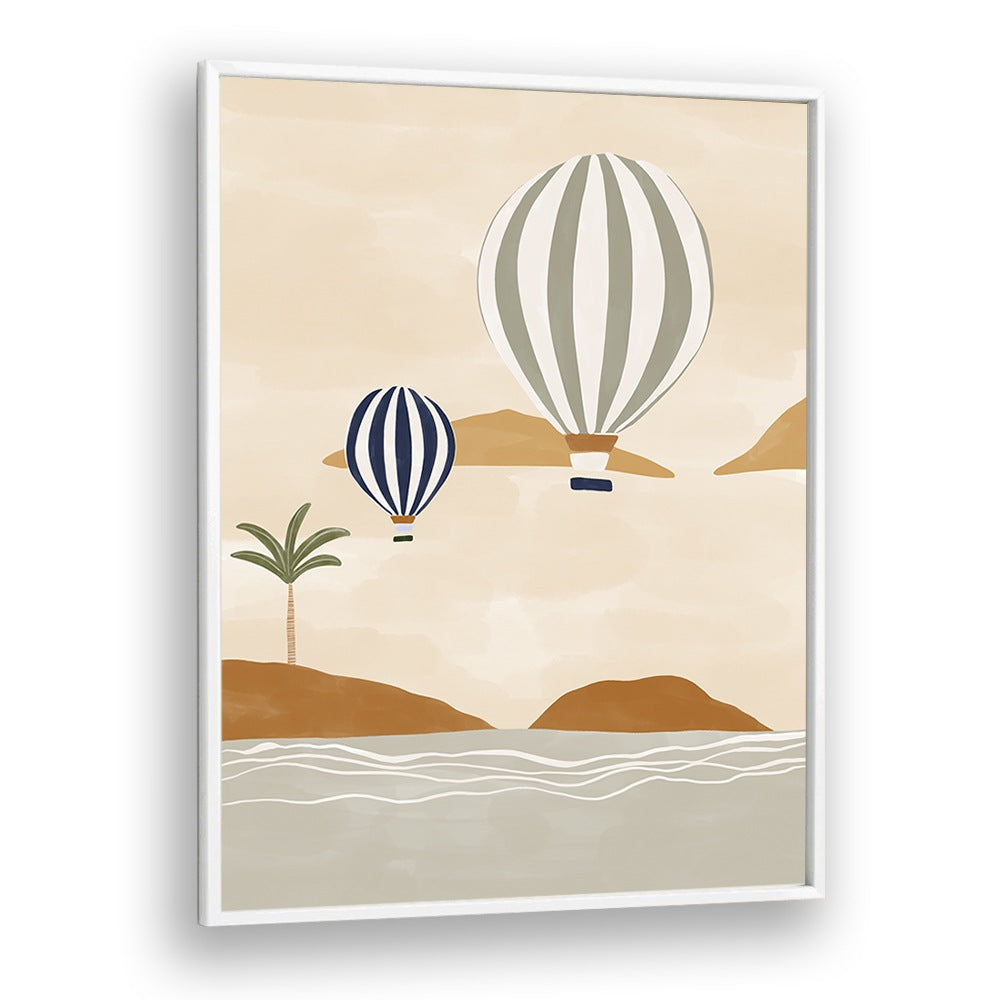 Airballoons In Dessert By Ivy Green Beach Prints in White Plain Frame