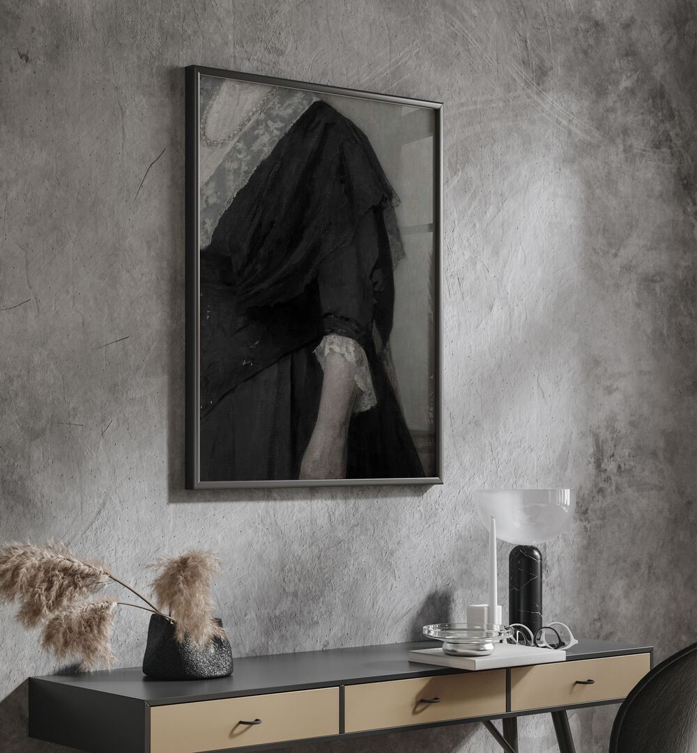 Alabaster Vei Gothic Wall Art Prints in Black Plain Frame hanging on wall above console table.