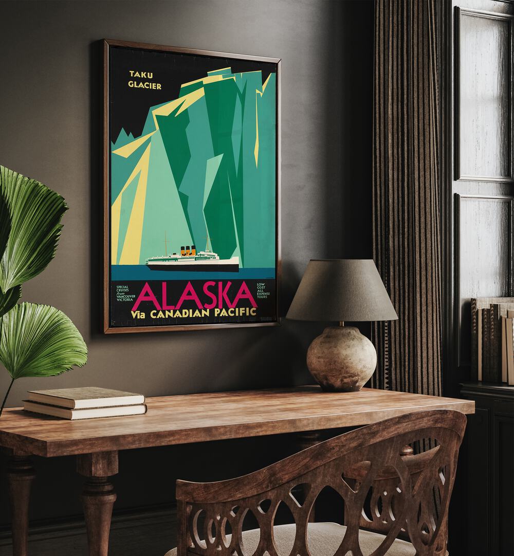 Alaska Retro Vintage Travel Vintage Travel Posters in Dark Wood Plain Frame on a wall above a console table beside a lamp