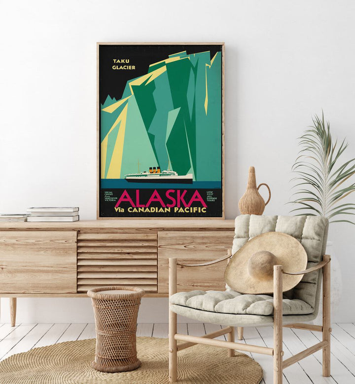 Alaska Retro Vintage Travel Vintage Travel Posters in Oak Wood Plain Frame on a on a wall above a console table beside a lamp