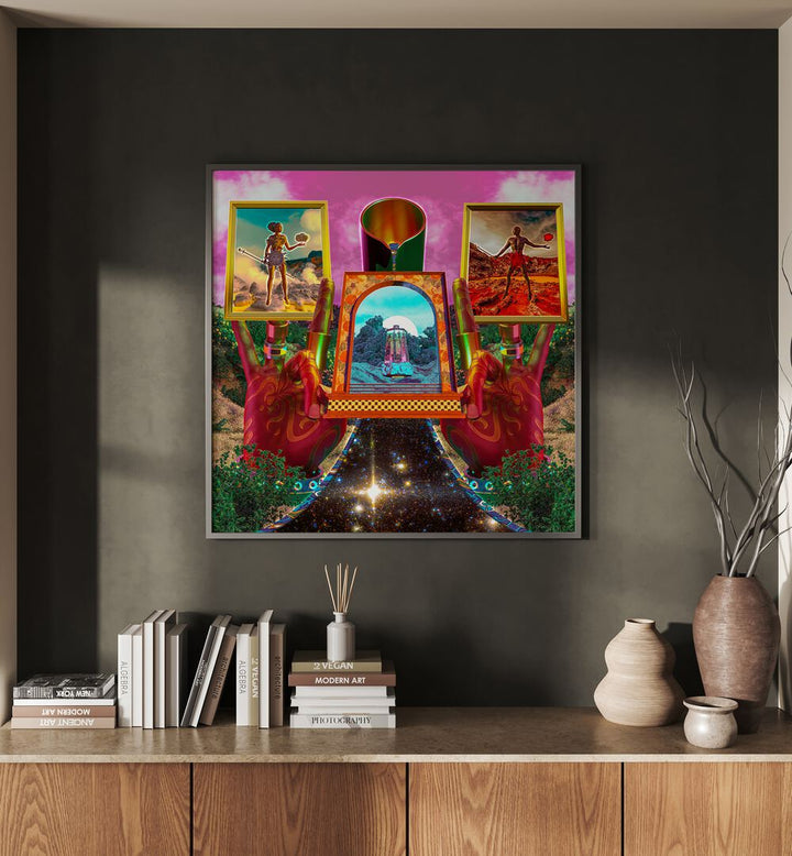 Alchemy By Cosmo Zach Surreal Art Prints Surrealism in Black Plain Frame placed on a wall behind a table