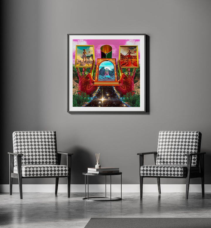 Alchemy By Cosmo Zach Surreal Art Prints Surrealism in Black Frame With Mount placed on a wall behind two chairs