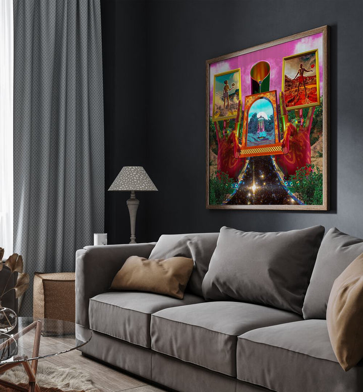 Alchemy By Cosmo Zach Surreal Art Prints Surrealism in Oak Wood Plain Frame placed on a wall behind a sofa