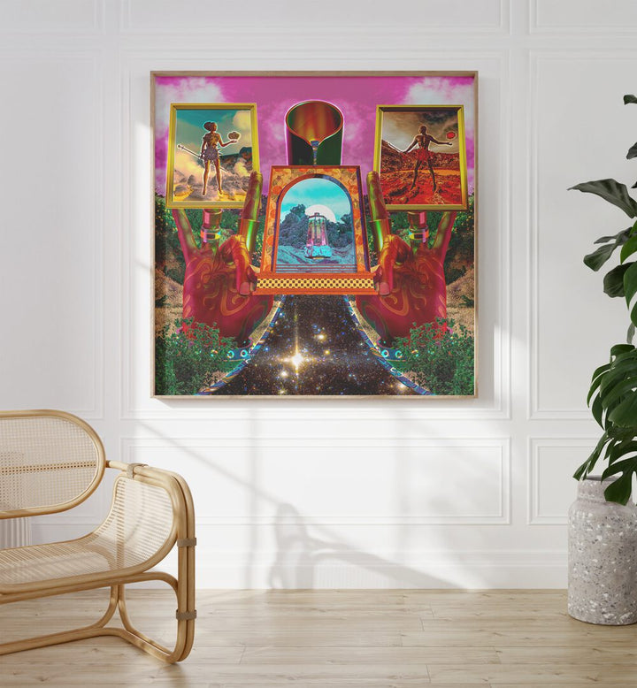 Alchemy By Cosmo Zach Surreal Art Prints Surrealism in Oak Wood Plain Frame placed on a wall between a chair and a plant