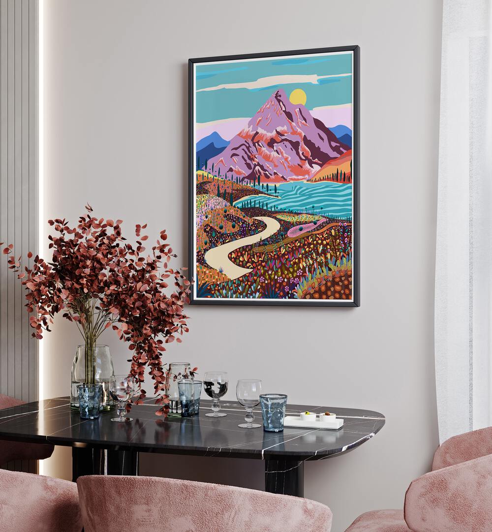 Alice In Wonder Valley By Uma Gokhale Landscape Art Prints in Black Plain Frame on a white wall above  a dining table