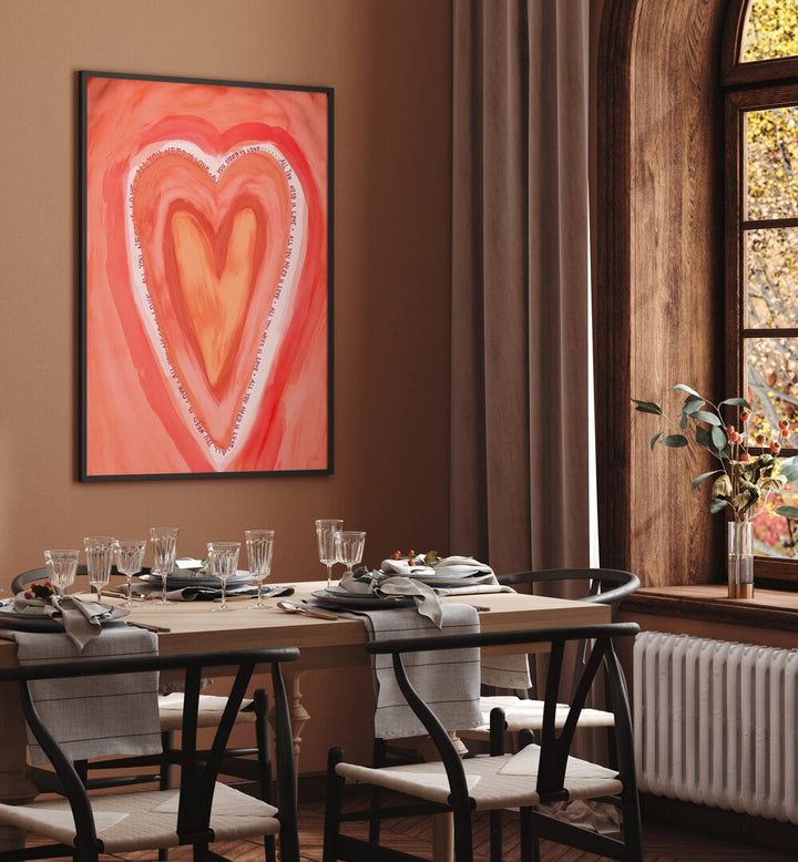 All You Need Is Love By Treechild Wall Art Prints in Black Plain Frame placed on a Brown Colored Wall near a Dining Table in the Dining Room