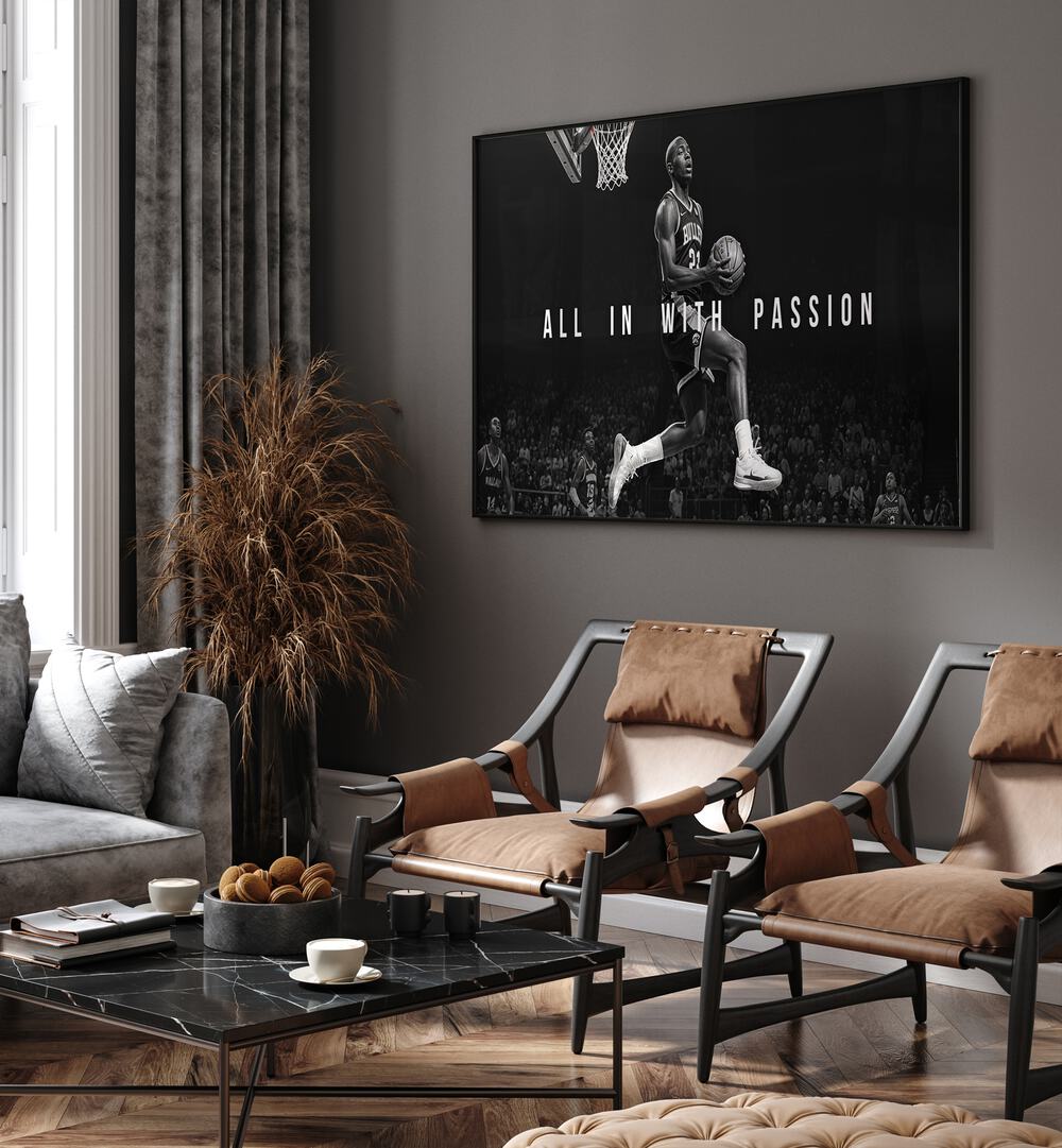 All in With Passion Quotes and Typography Posters in Black Plain Frame placed on a wall in living room behind chairs