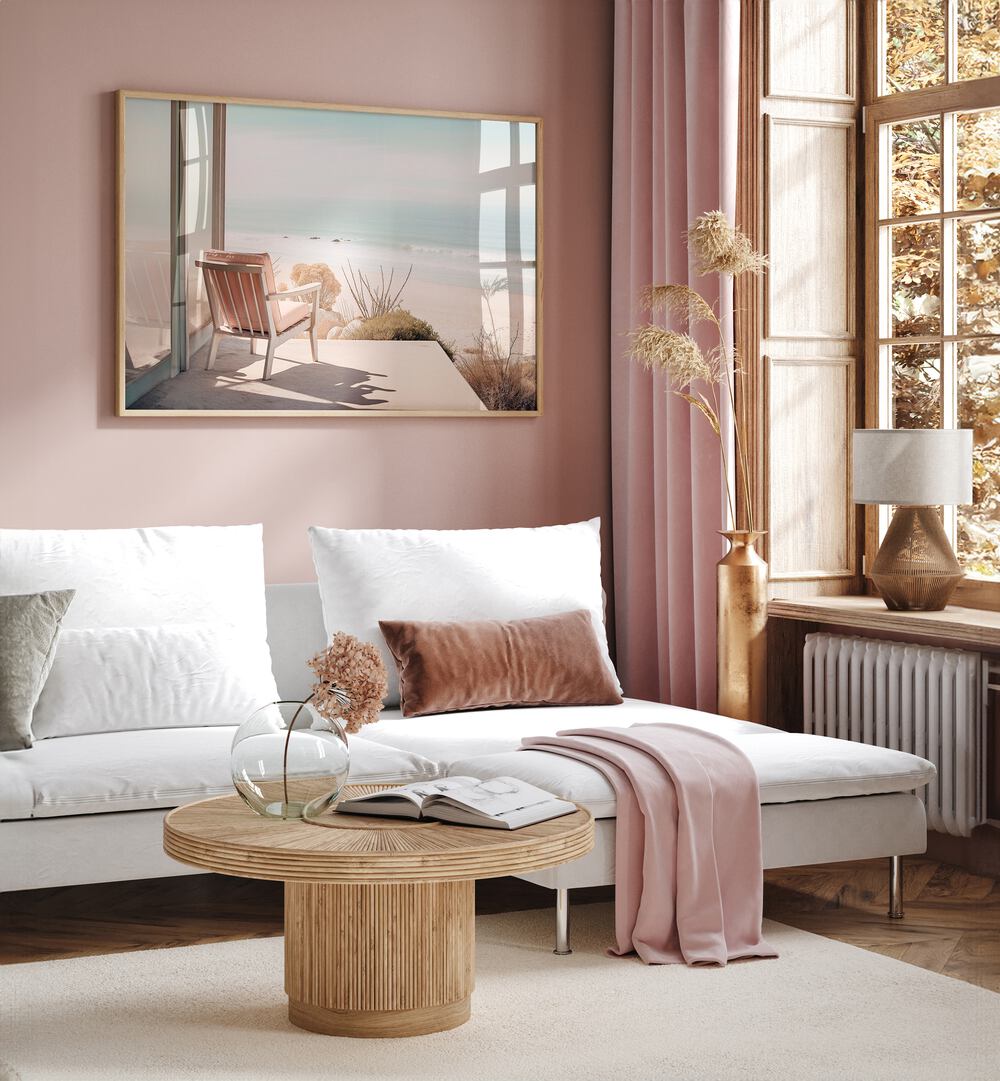 Tranquil living room featuring the ALONE IN THE OCEAN, BEACH PAINTINGS by Philippe Hugonnard, evoking peace.