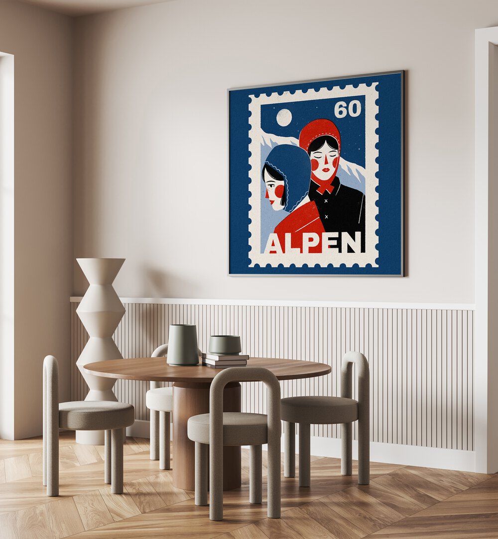 Alpen By Julia Leister Women Illustration Paintings in Black Plain Frame on a wall placed behind a dining table