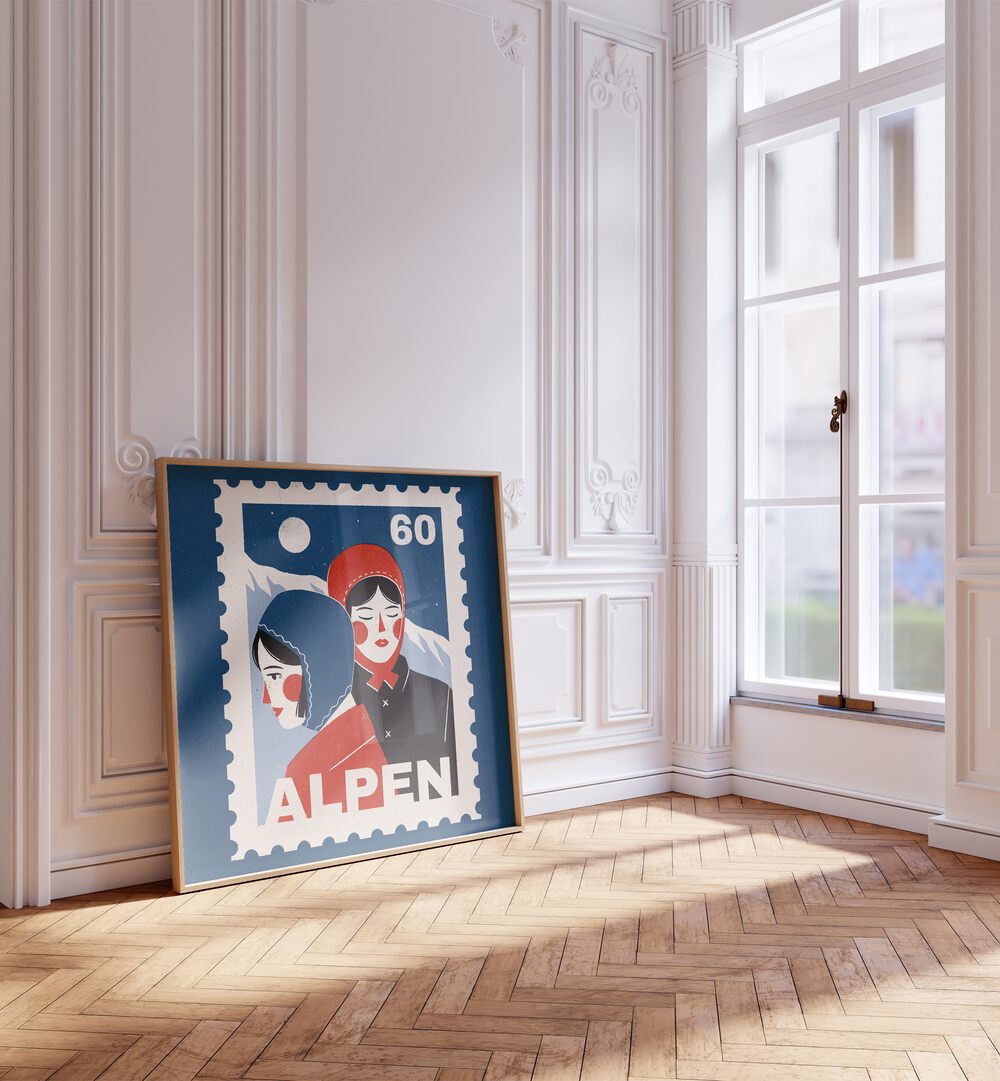 Alpen By Julia Leister Women Illustration Paintings in Oak Wood Plain Frame placed on a wooden floor beside a window