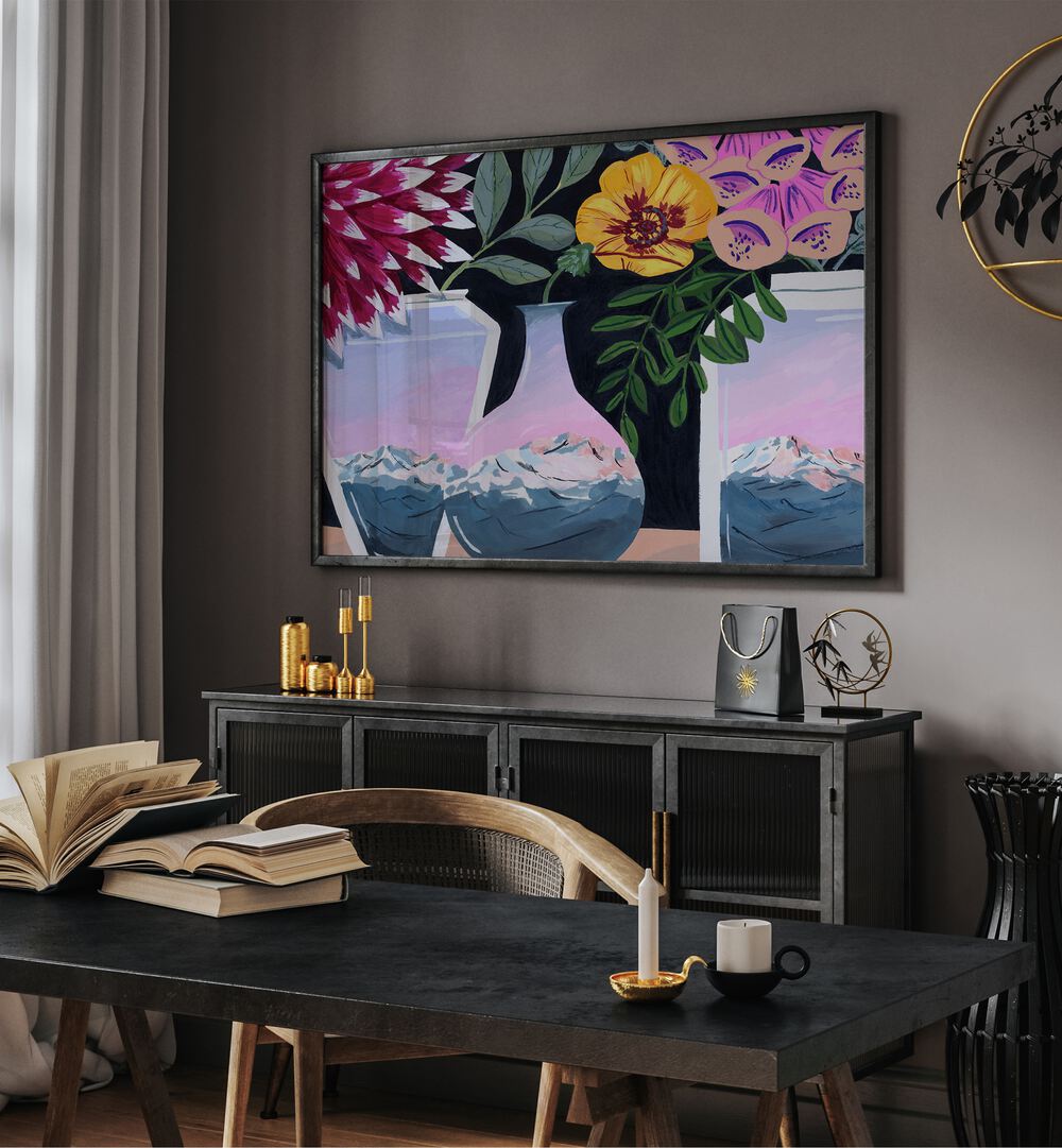 Alpenglow By Sarah Gesek Kitchen Posters Kitchen Art Prints in Black Plain Frame placed on a wall behind a console table