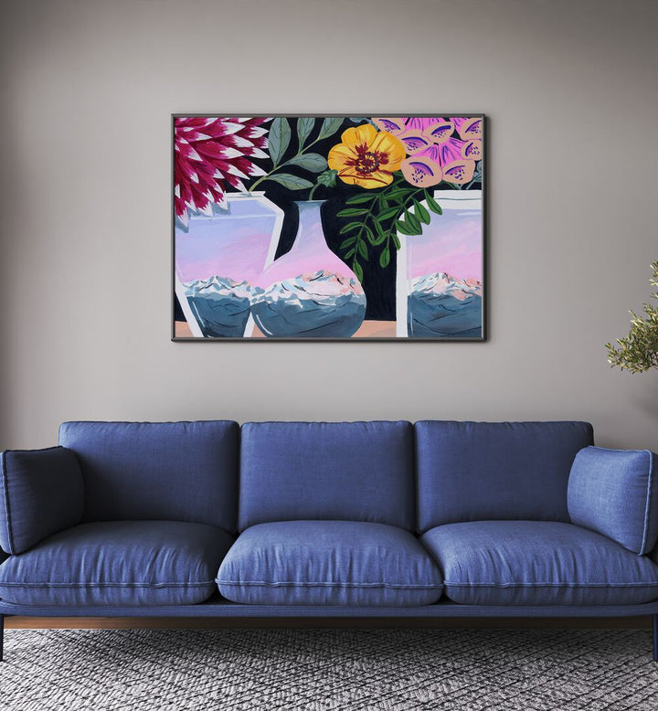 Alpenglow By Sarah Gesek Kitchen Posters Kitchen Art Prints in Black Plain Frame placed on a wall behind a blue sofa