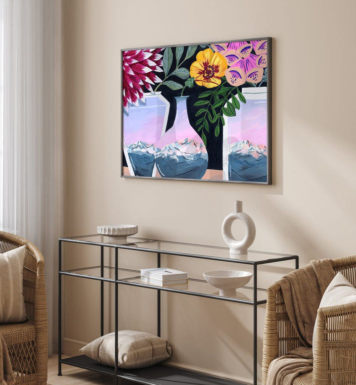 Alpenglow By Sarah Gesek Kitchen Posters Kitchen Art Prints in Black Plain Frame placed on a wall behind a table and beside a window