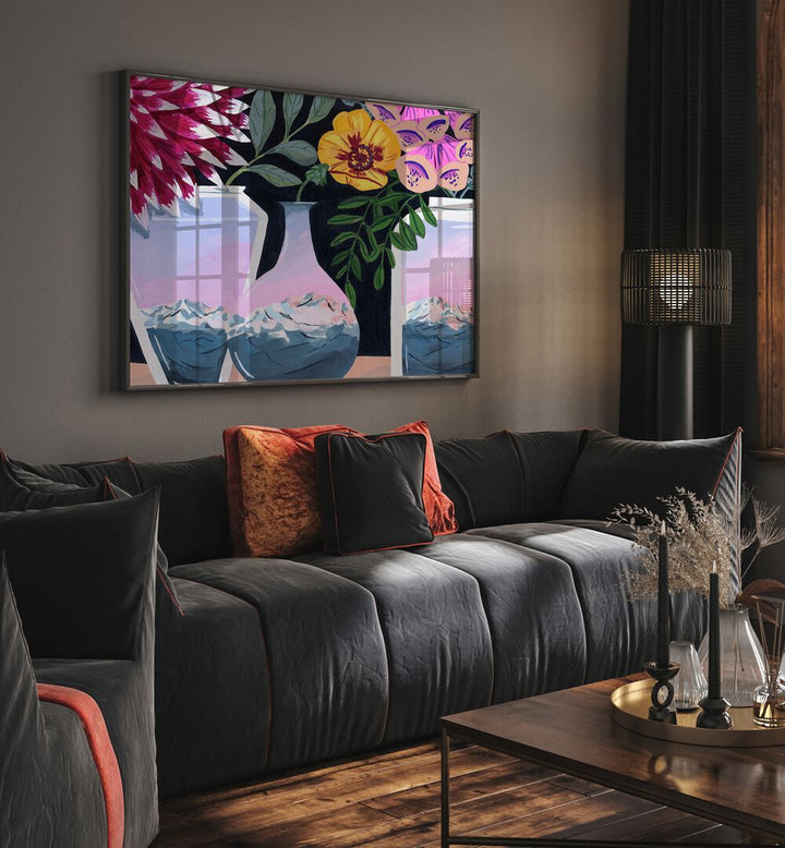 Alpenglow By Sarah Gesek Kitchen Posters Kitchen Art Prints in Black Plain Frame placed on a living room wall behind a sofa