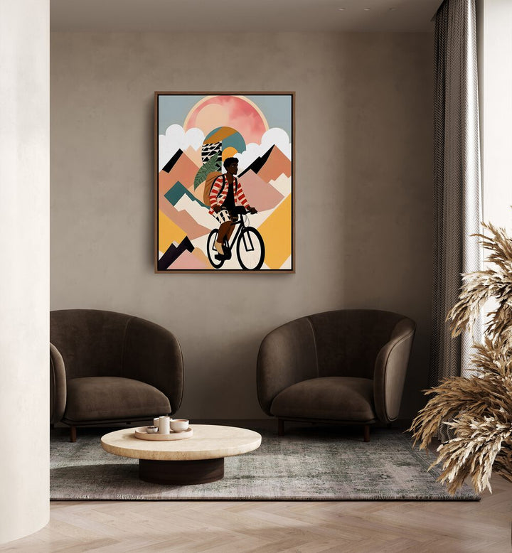 Always A Traveler By Uma Gokhale Art Prints in Oak Wood Floater Frame on a beige colour wall behind sofas