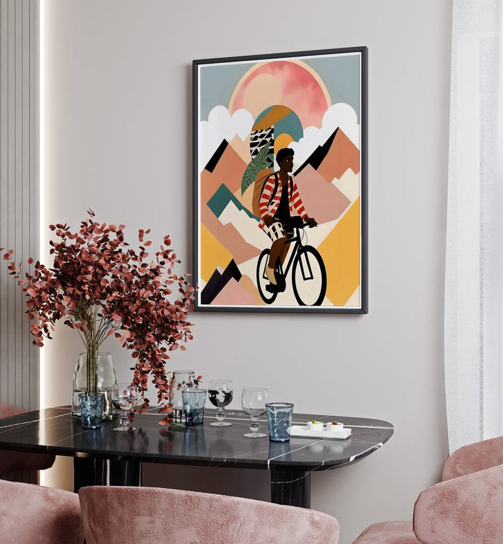 Always A Traveler By Uma Gokhale Art Prints in Black Plain Frame above  a dining table on a white wall