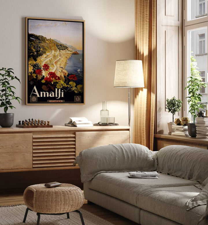 Amalfi Coast  Retro Travel Posters in Oak Wood Plain Frame placed on a wall behind a console table