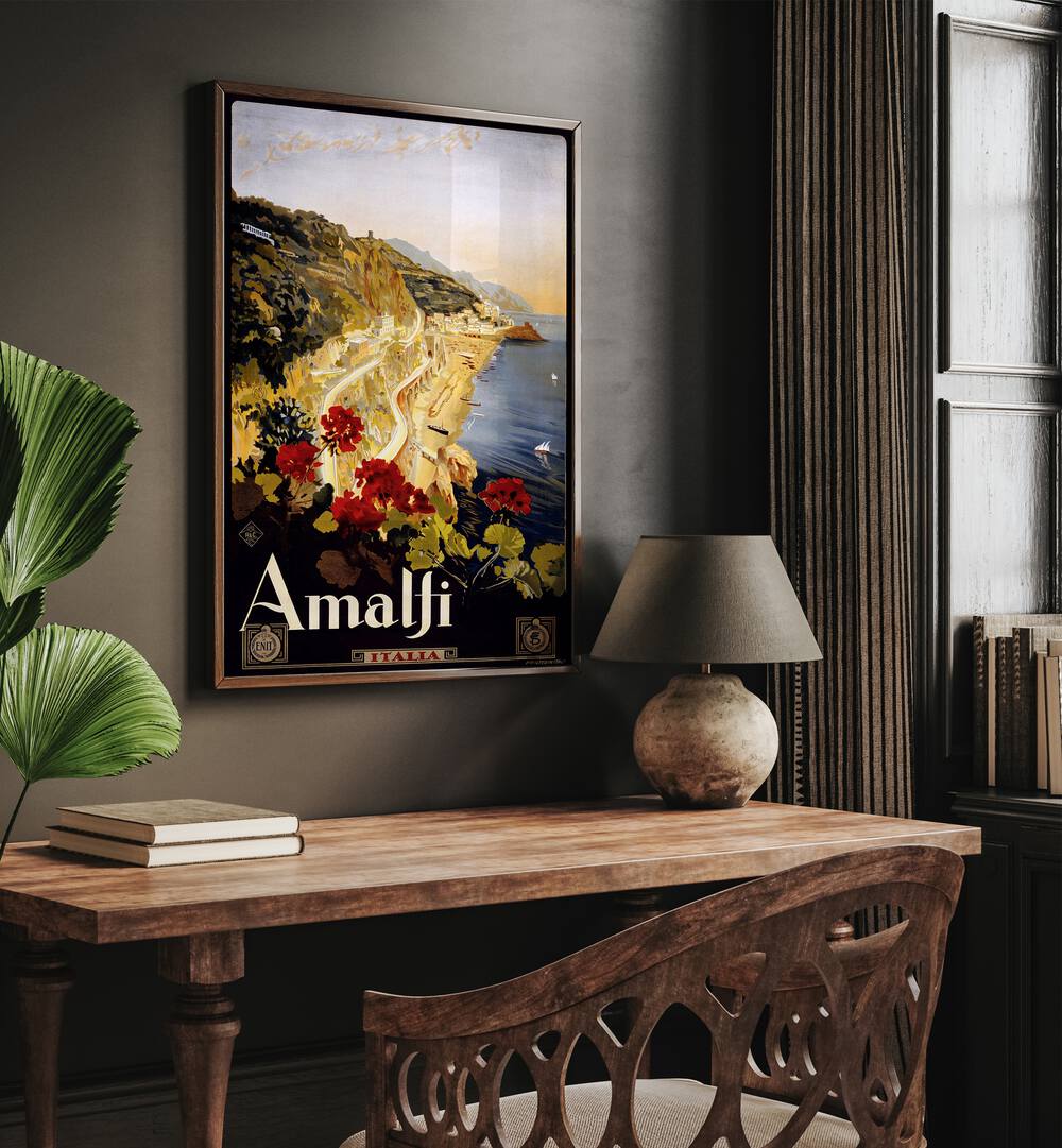 Amalfi Coast  Retro Travel Posters in Oak Wood Plain Frame placed on a wall behind a study table