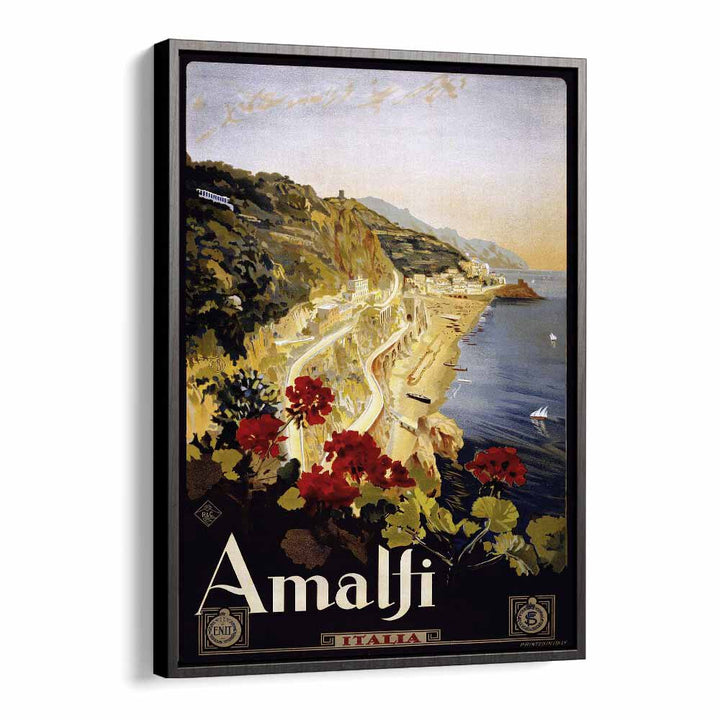 Amalfi Coast  Retro Travel Posters in Black Floater Frame