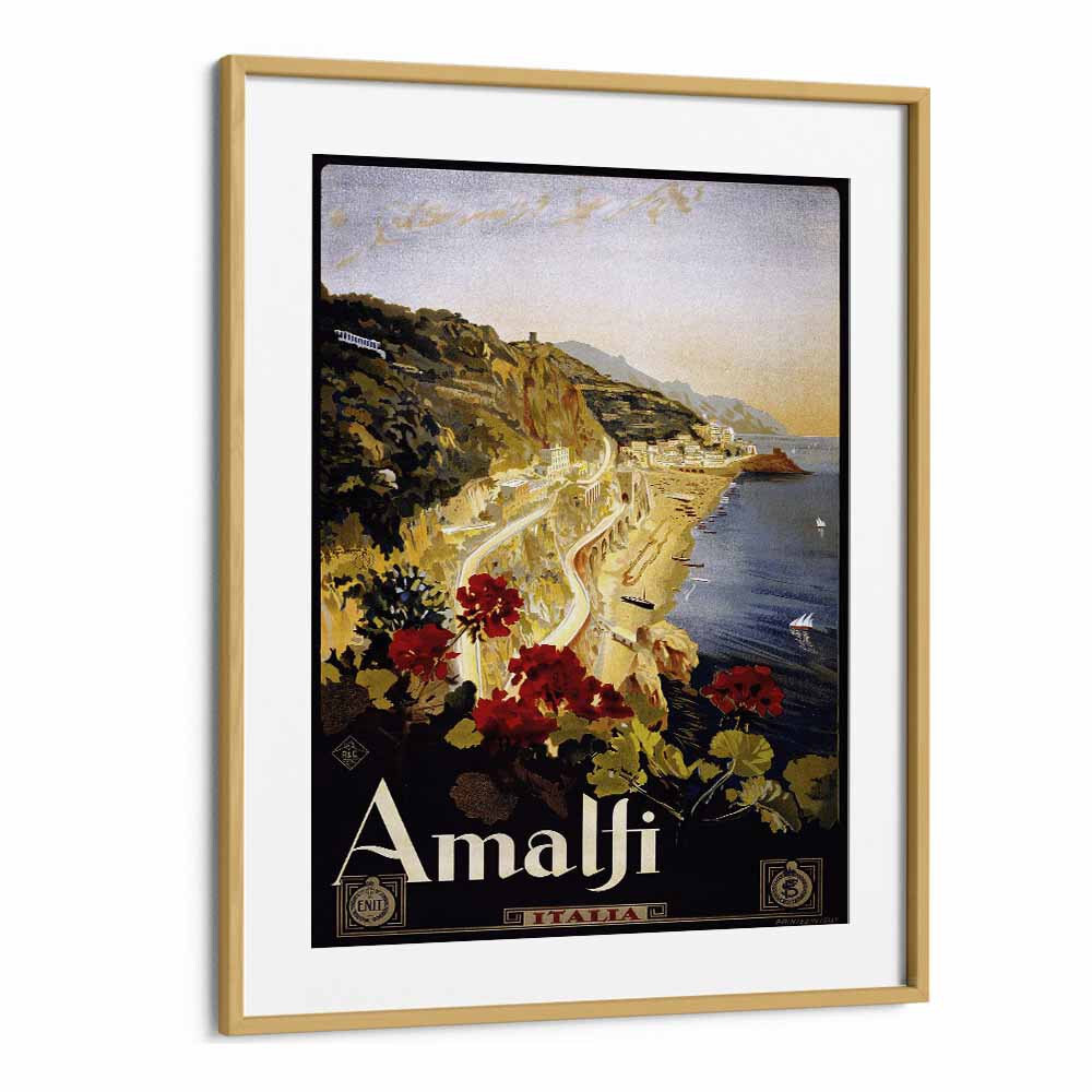 Amalfi Coast  Retro Travel Posters in Oak Wood Frame With Mount