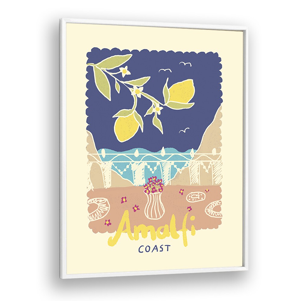 Amalfi Coast by Studio Dolci Kitchen Art Prints in White Plain Frame