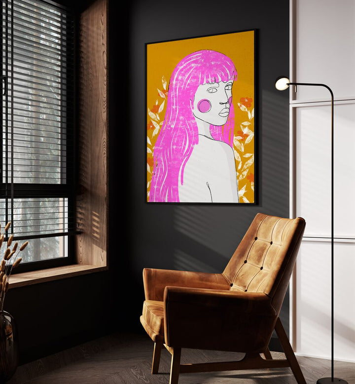 Amazone by Treechild Women Illustration Paintings in Black Plain Frame on a wall beside an orange sofa