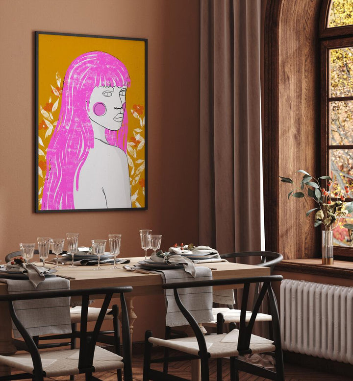 Amazone by Treechild Women Illustration Paintings in Black Plain Frame on a wall placed behind a dining table