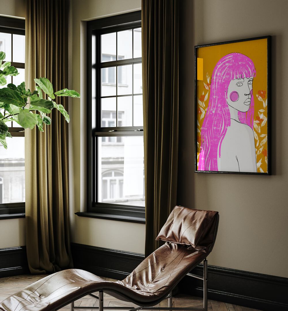 Amazone by Treechild Women Illustration Paintings in Black Plain Frame on a wall placed behind a chair and beside a window