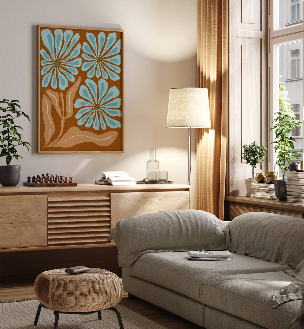 Amber Blooms By Miho Art Studio Botanical Art Prints Floral Paintings in Oak Wood Plain Frame placed on a Cream Colored Wall above a Console Table near a Beige Sofa in the Living Room