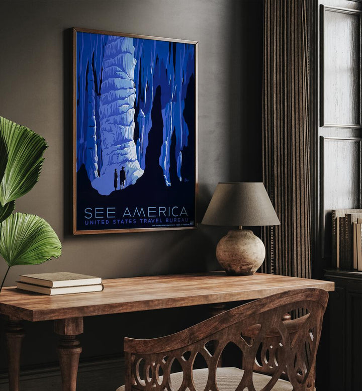 America Retro Vintage Travel Vintage Travel Posters in Dark Wood Plain Frame on a wall above a study table beside a plant