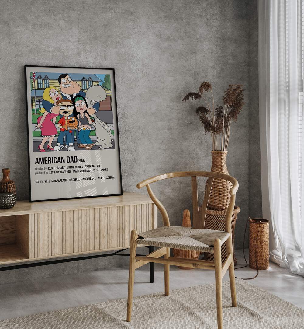 American Dad 2005 Movie Posters in Black Plain Frame placed on a table beside oakwood chair