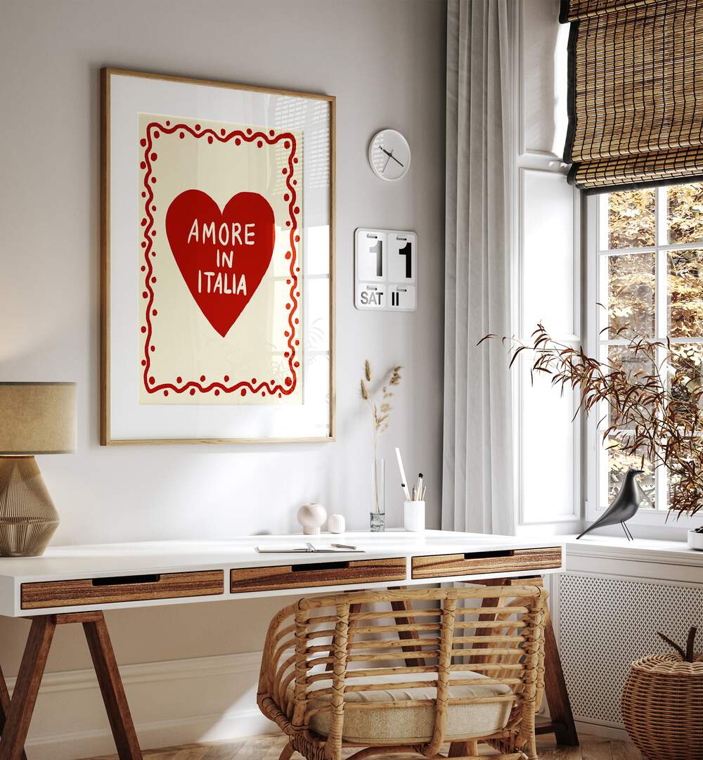 Amore in Italia by Studio Dolci Quotes Art Prints in Oak Wood Frame With Mount placed on a wall behind a study table