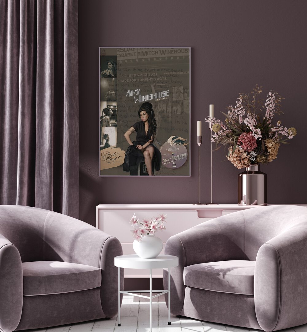 Amy Winehouse By Grishma Korjani Movie and Music Posters in White Plain Frame in the Living Room