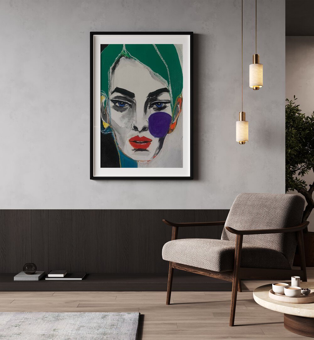 Ana Sneeringer Emily Blunt By Ana Sneeringer Women Illustration Paintings in Black Frame With Mount on a wall placed beside a chair