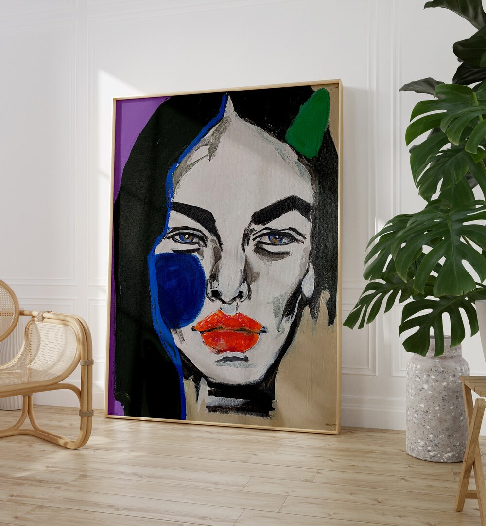 Ana Sneeringer Liviya Toen By Ana Sneeringer Women Illustration Paintings in Oak Wood Plain Frame placed on a floor beside a plant