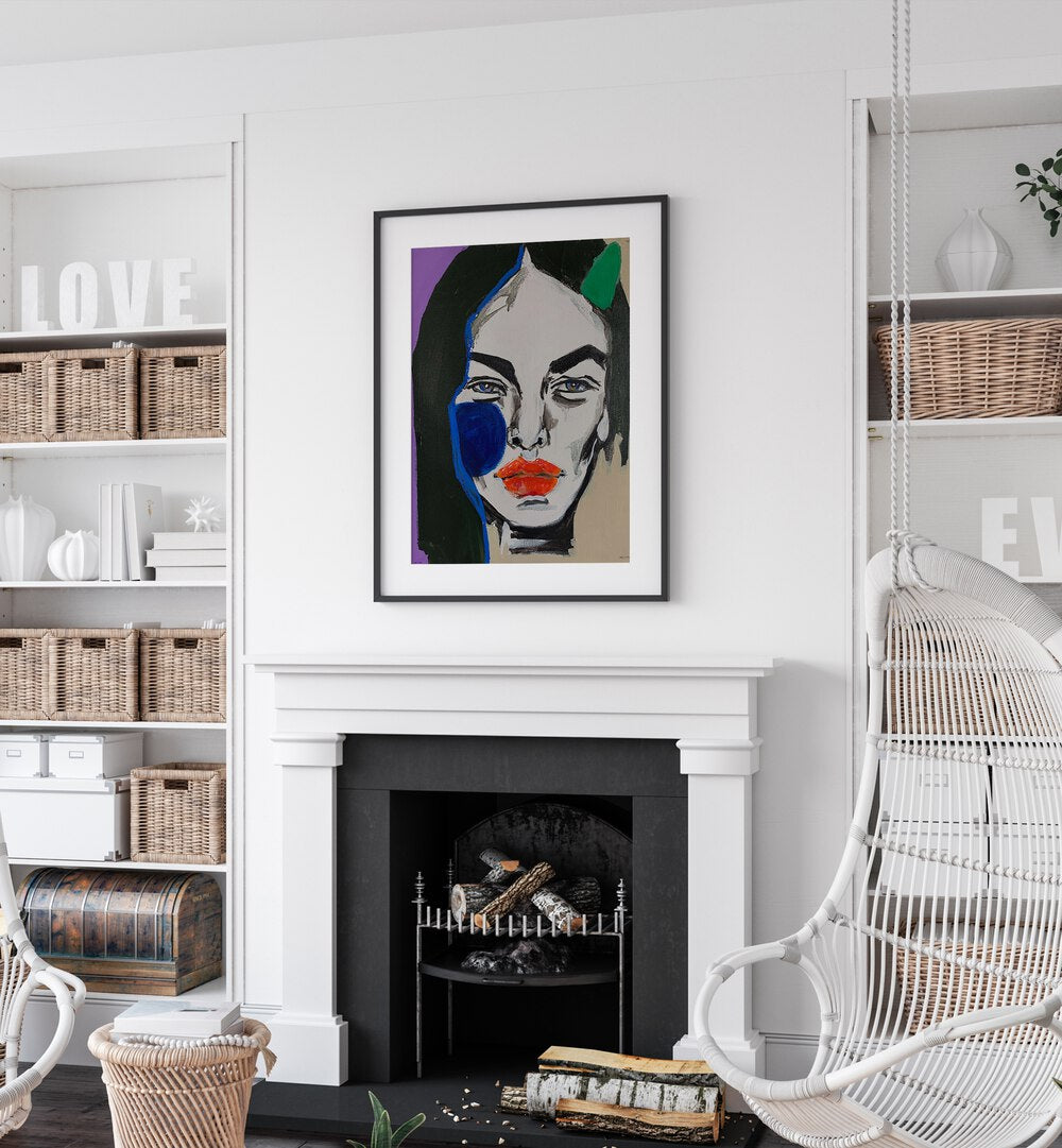 Ana Sneeringer Liviya Toen By Ana Sneeringer Women Illustration Paintings in Black Frame With Mount on a wall above a fire place