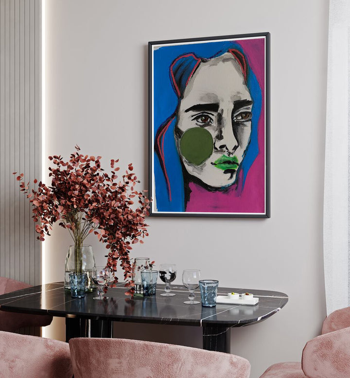 Ana Sneeringer Nives Loom By Ana Sneeringer Women Illustration Paintings in Black Plain Frame on a wall placed behind a dining table