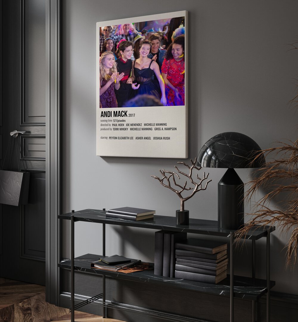 Andi Mack 2017 Movie Posters in Gallery Wrap hanging on wall above console table beside door and window