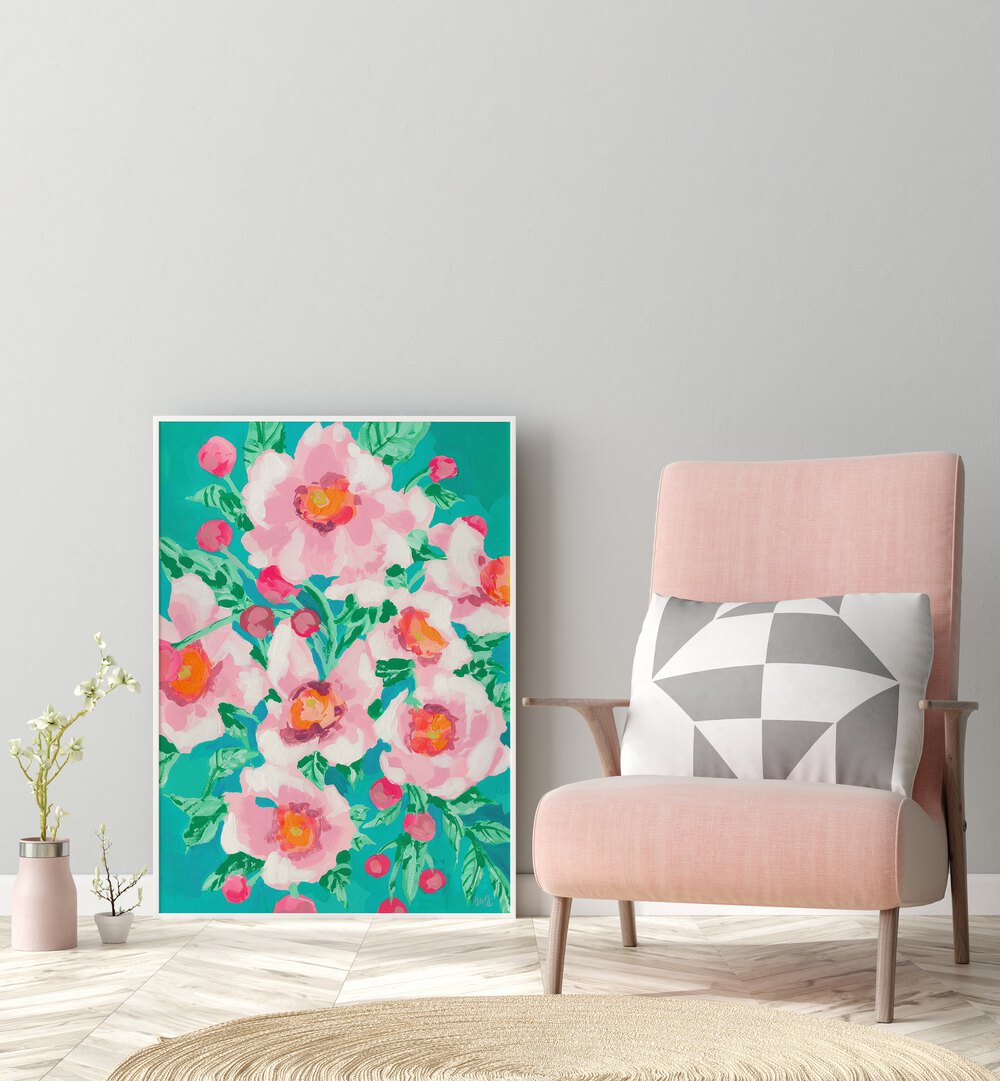 Anemons With Pink Fruits By Ania Zwara Botanical Art Prints Floral Paintings in White Plain Frame placed on the floor near a Grey Colored Wall in the Drawing Room