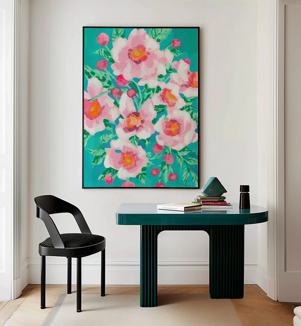 Anemons With Pink Fruits By Ania Zwara Botanical Art Prints Floral Paintings in Black Plain Frame placed on a Cream Colored Wall near a Table in a Workspace in the Drawing Room