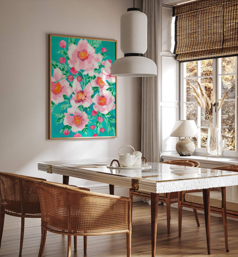 Anemons With Pink Fruits By Ania Zwara Botanical Art Prints Floral Paintings in Oak Wood Plain Frame placed on a Cream Colored Wall near a Dining Table in the Dining Room